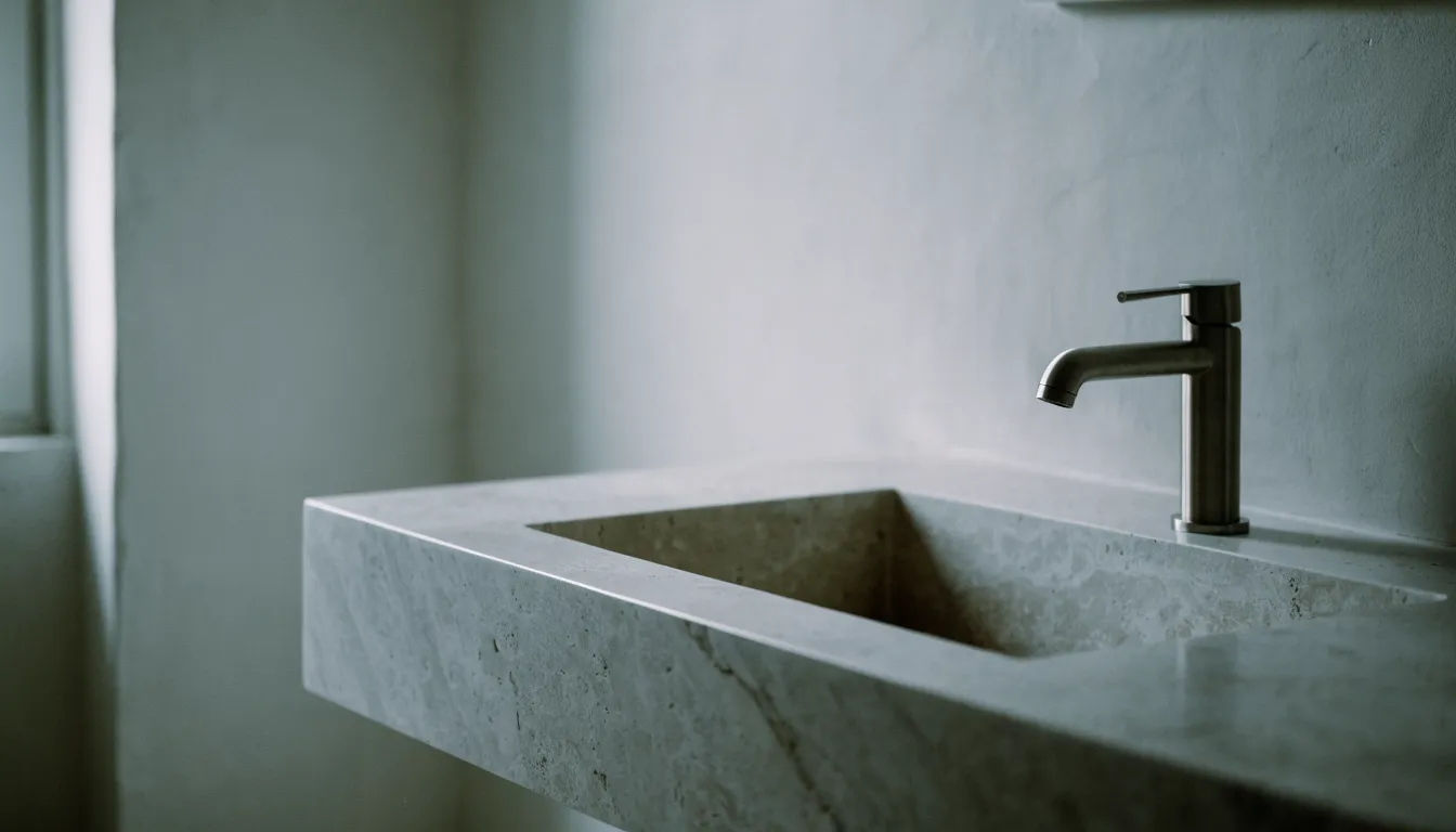 Stone vanity with a rectangular basin and a slim brushed-metal faucet against a pale plaster wall