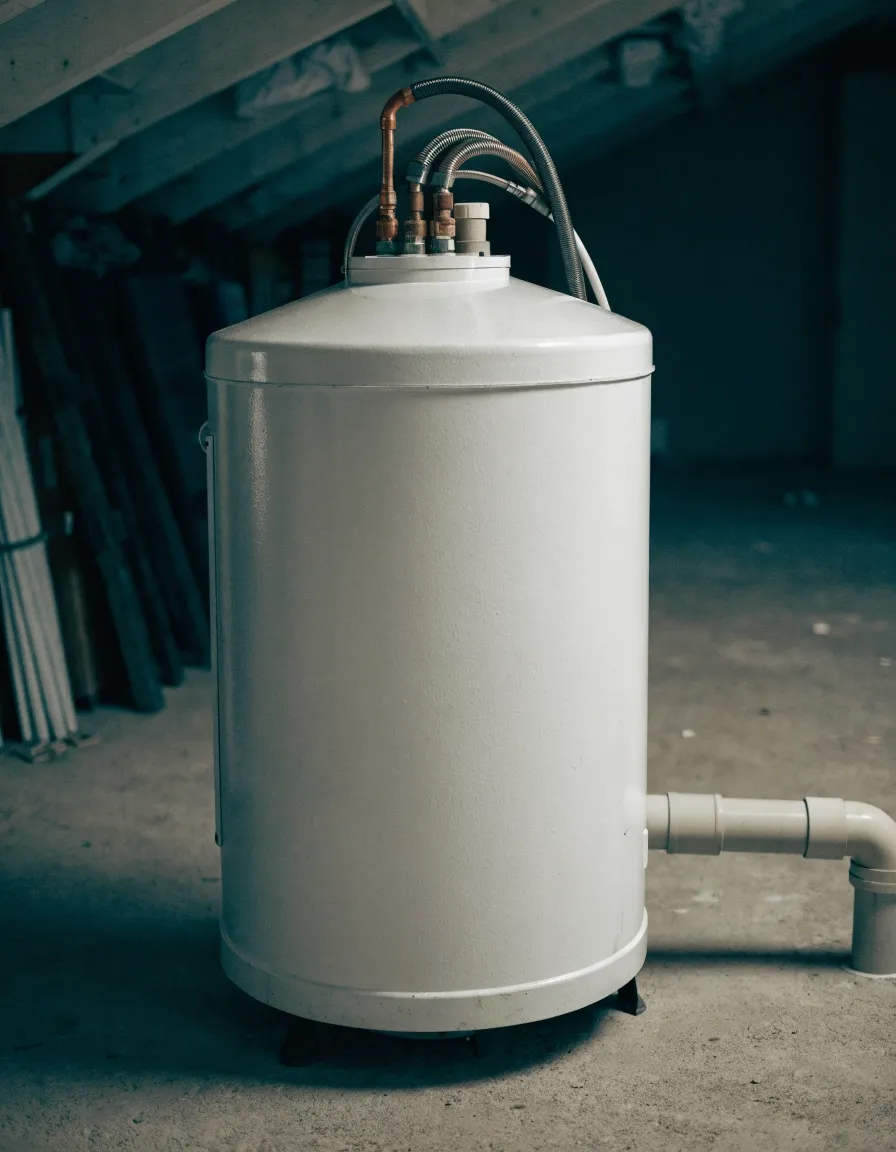 Tank water heater in a basement utility area with supply connections at the top and a discharge pipe along the side