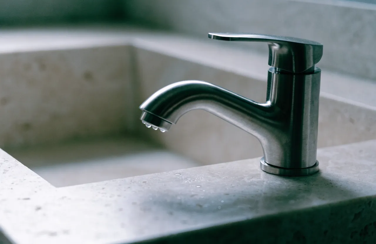 Single-handle bathroom faucet on a honed stone vanity with water beads on the metal